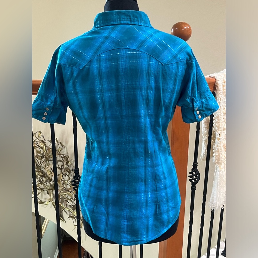 PANHANDLE SLIM Turquoise SHORT SLEEVE Plaid Snap-Front Western Shirt GIRL SIZE M - Picture 4 of 11